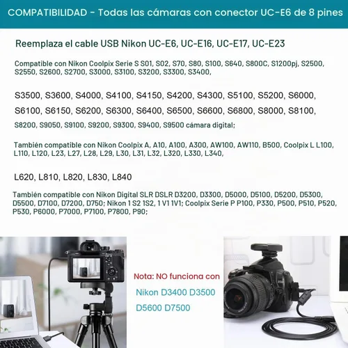 Vista 2 de Adaptador de corriente CA USB para cámara y cargador de batería + cable de PC para Nikon Coolpix S6100
