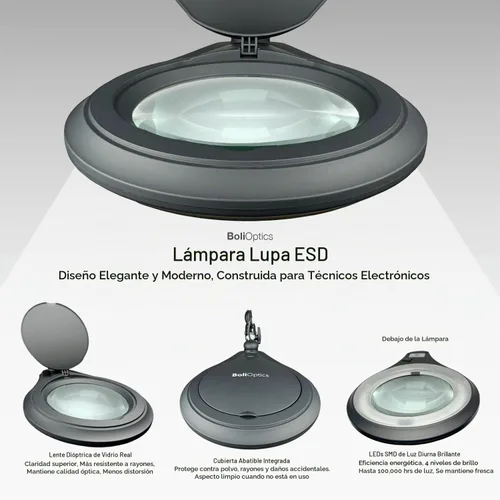 Vista 3 de ESD Safe (lente de cristal) lámpara de aumento LED profesional con abrazadera (5 dioptrías, 2.25X), luz de trabajo, 4 niveles de brillo, brillo