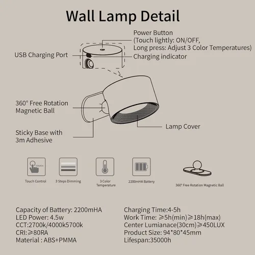 Vista 5 de AKSDA Luces de Lectura LED, Apliques de Pared Montados con 3 Temperaturas de Color y 3 Niveles de Brillo, Control Táctil Operado por Batería