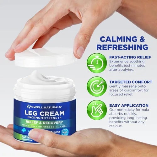Vista 3 de OWELL NATURALS Crema calmante para las piernas, fórmula calmante penetrante profunda, acción rápida y máxima fuerza con árnica, aloe vera vitamina