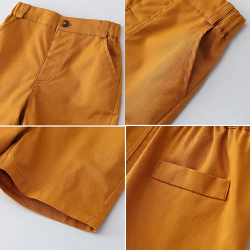 Vista 4 de Kimocat Conjunto de ropa casual para niño estampado beige camisa abotonada manga corta+pantalones blancos
