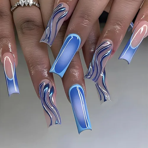 Vista 24 de MISUD Uñas a presión – Uñas cuadradas largas con pegamento rosa y negro, acrílico Y2K diseño de dijes de 24 piezas
