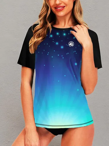 Vista 20 de AOBUTE Camisetas de natación de manga corta para mujer con protección solar degradada