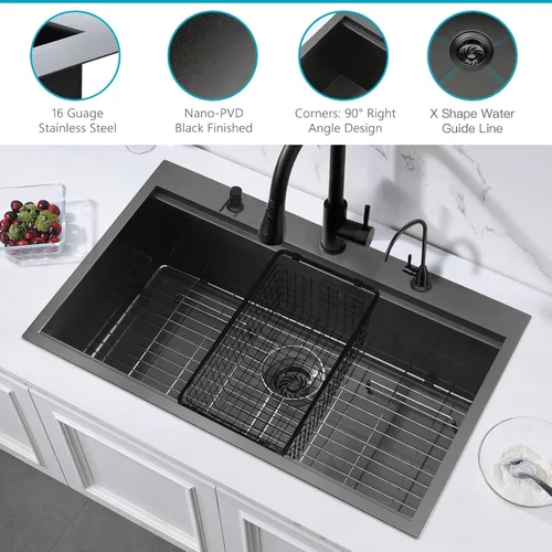Vista 4 de Z0DB332210 - Fregadero de cocina con estación de trabajo de 33 x 22 x 10 pulgadas, calibre 16, acero inoxidable negro, montaje superior, con 3