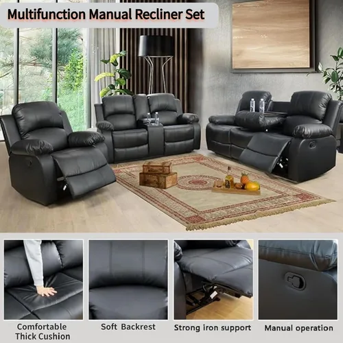 Vista 3 de Juego de sofá reclinable manual con mesa desplegable, juegos de sofás de pana, juegos de muebles de sala de estar, juegos de sofá reclinable manual