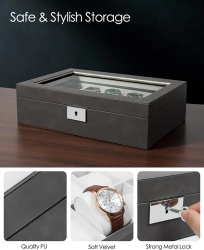 Vista 4 de GUKA Caja de 10 ranuras para reloj, vitrina organizadora de cristal real, con estuche de lujo para hombres y mujeres, regalo