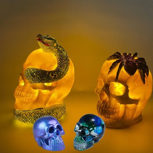 Vista 4 de Paquete de 8 moldes de silicona de resina de calavera, kit de moldes de vela con cabeza de calavera 3D para pulseras de resina, arcilla, fundición