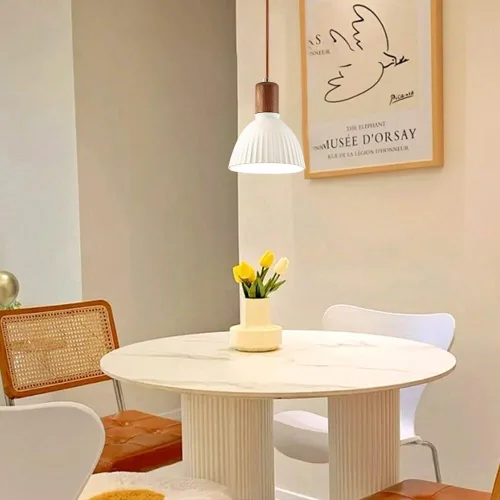 Vista 5 de White Ceramic Lampshade Pendant Light Height Adjustable Hanging Light Fixture Modern Vintage Wood Pendant Lamp for Kitchen Island Dining Room