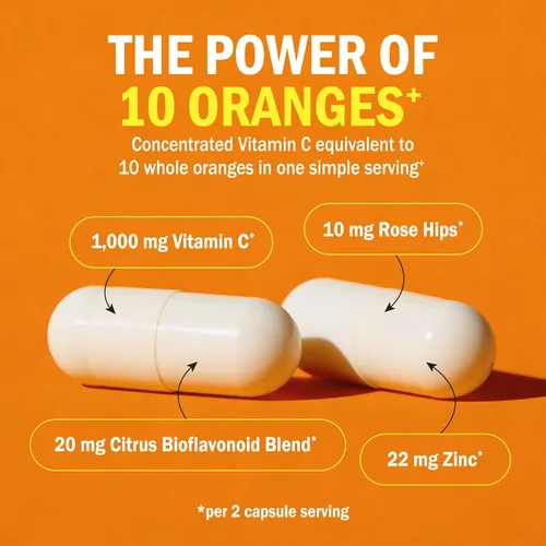 Vista 4 de Vitamina C - cápsulas de 1000 mg con zinc, escaramujo y bioflavonoides - Suplemento de apoyo inmune con 10 veces el poder de la vitamina C - Acorta
