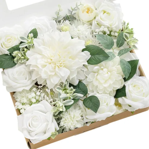 Vista 38 de Ling's moment Caja de flores artificiales, tallos de follaje artificial falso, rosas de espuma, dalia de seda, hierba de pampas, flor de tela