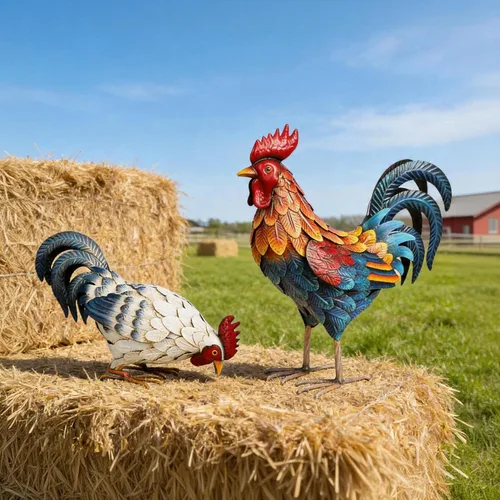 Vista 4 de Shorayn Estatuas de gallo de metal, decoración de pollo de metal para jardín al aire libre, esculturas de jardín, adornos de pollo, arte de patio