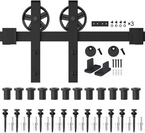 Vista 7 de WINSOON Black Big Wheel - Kit de herrajes para puerta corrediza de granero de 16 pies con guía ajustable para puerta de granero de doble rodillo