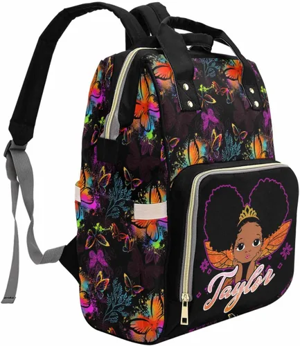Vista 4 de M YESCUSTOM - Bolsa de pañales personalizada con nombre, diseño de mariposa colorida y negra, bolsa de lactancia para mujeres y hombres, gran