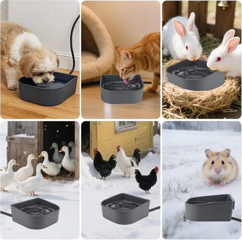 Vista 2 de Heated Water Bowl for Cats, Outdoor Anti-Freeze Pet Thermal Bowls for Chickens Rabbits Birds, Hanging Small Dog Winter Warm Dish, Heating Bird Baths