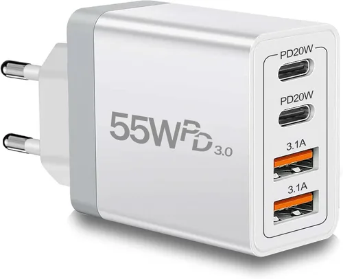 Vista 8 de European USB C Charger, 55W 4-Port European Travel Plug Adapter USB C 55W negro