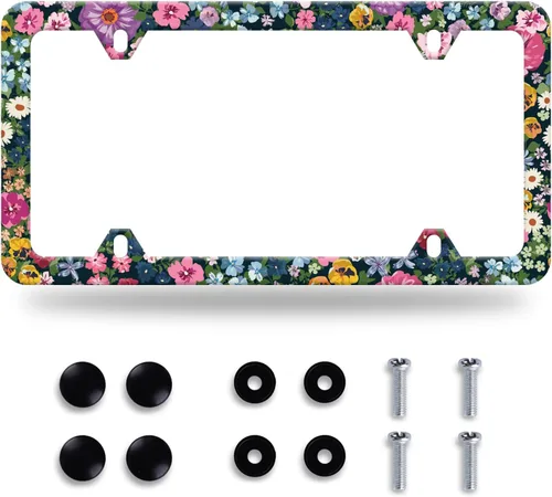 Vista 20 de Marco de matrícula de flores coloridas, bonito accesorio floral para automóvil, de acero inoxidable, personalizable, hermosa placa de matrícula