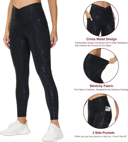 Vista 4 de THE GYM PEOPLE Leggings de entrenamiento con cintura cruzada en V para mujer control de abdomen pantalones de yoga para correr con bolsillos