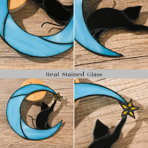 Vista 4 de Gato en luna con vitral, estrella para colgar en la ventana, decoración de regalo conmemorativo para mujeres (gato negro sobre luna azul)