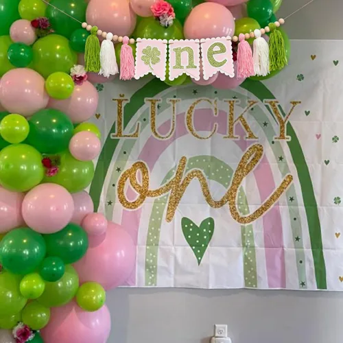 Vista 4 de Cartel para silla alta del Día de San Patricio, suministros para fiesta de primer cumpleaños, letrero de trébol de cuatro hojas, accesorios de fondo