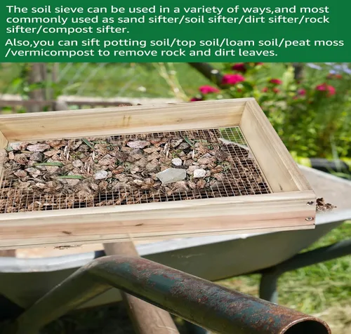 Vista 10 de Tamiz de tierra, tamiz de suciedad para jardinería, tamiz de compost, tamiz de jardín, tamiz de madera ligera para rocas, tamiz de tamiz de pantalla