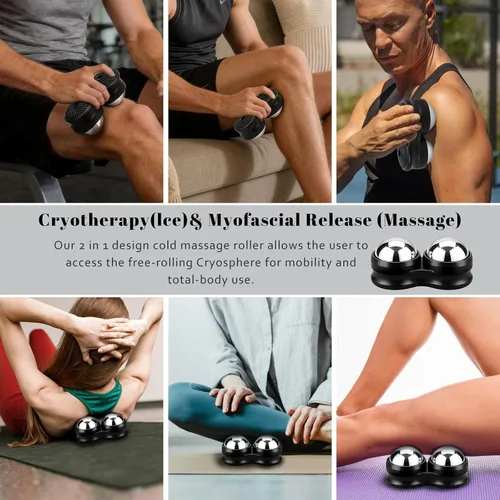 Vista 6 de ideayard Rodillo de masaje de acero inoxidable con doble bola – Terapia de hielo, alivio del dolor muscular, dolores musculares y alivio de tensión