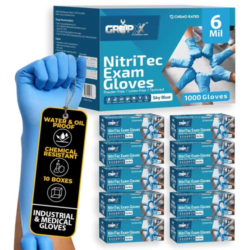 Vista 9 de London Labs Guantes de nitrilo azules resistentes de 6 mil desechables, libres de látex y polvo, extra elásticos, seguros para fentanilo Guantes