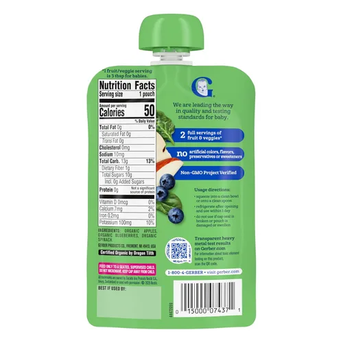 Vista 11 de Gerber Alimento orgánico para bebés de manzana, arándano y espinacas, bolsa de 3.5 onzas