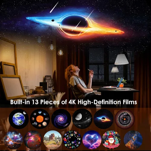 Vista 2 de Proyector de galaxia para dormitorio, proyector de estrellas de planetario con 13 discos Galaxy reemplazables 4K, imagen HD, gran área