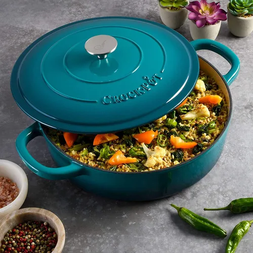Vista 7 de Crock-Pot Artisan - Braiser de hierro fundido esmaltado con tapa, 5 cuartos de galón, verde azulado degradado Turquesa Degradado