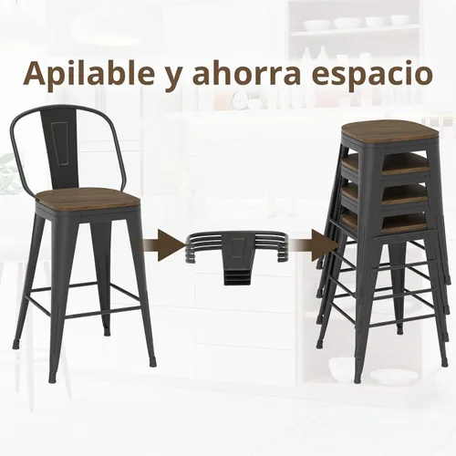 Vista 5 de Juego de 4 taburetes de bar giratorios de 24 pulgadas, taburetes de bar industriales con patas de metal resistentes, taburetes de bar con respaldo