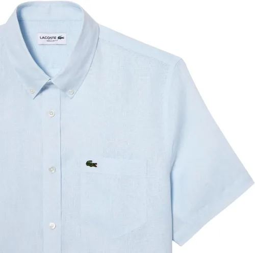Vista 6 de Lacoste Camisa casual de lino con botones y manga corta para hombre con bolsillo frontal