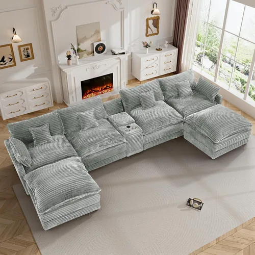 Vista 13 de Sofá de nube de 110 pulgadas en forma de U de gran tamaño gris claro para sala de estar, sofá modular modular con otomana y doble Coushion