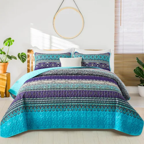Vista 28 de WONGS BEDDING Juego de edredón bohemio tamaño individual, juego de ropa de cama azul bohemio individual, colcha de microfibra ligera con funda