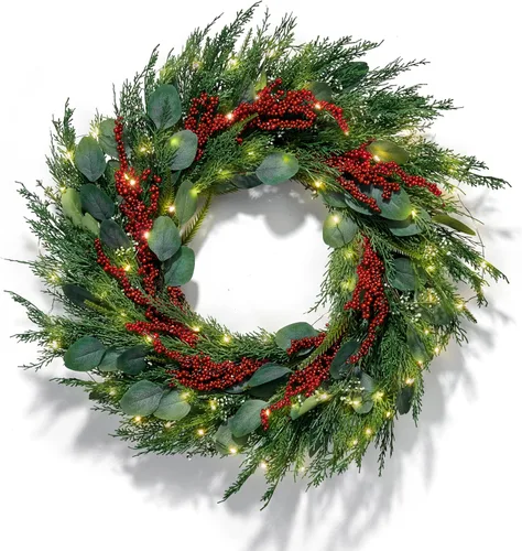 Vista 7 de LampLust Corona de Navidad para puerta delantera con luces, corona de ciprés de 22 pulgadas