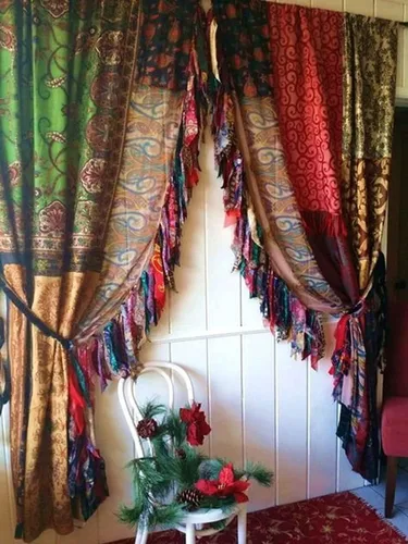Vista 2 de EthinicCraftHub® 2 piezas de cortina de seda india Saree, tratamientos para ventanas, estilo boho, gitano, hippie, bohemia, para colgar en la pared