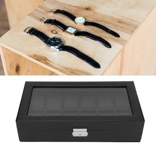 Vista 3 de Gabinetes y estuches con textura de fibra de carbono, cubierta acrílica gruesa para reloj, caja de almacenamiento de reloj, 12 ranuras, organizador
