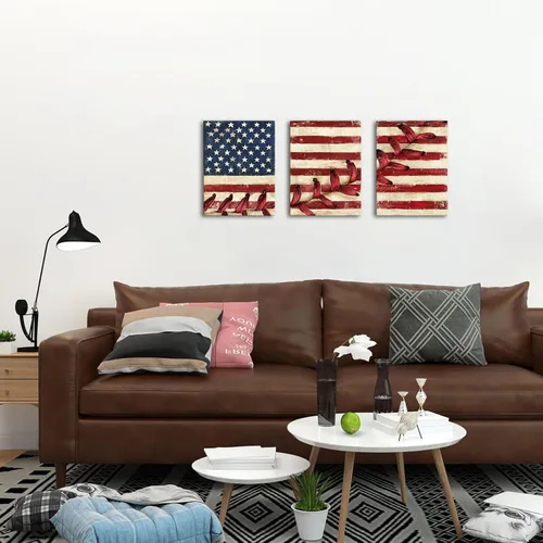 Vista 2 de Artsbay Arte de pared con bandera estadounidense roja, lienzo con costuras de béisbol, cuadros modernos, retro, deportes, obras de arte