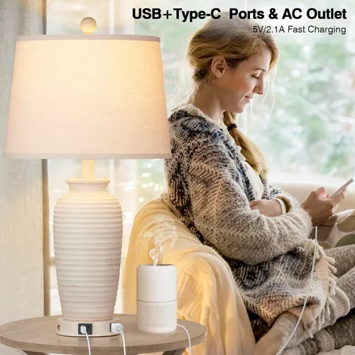 Vista 2 de CINSARY Juego de 2 lámparas de mesa con tarro de granja de 25 pulgadas, control táctil de 3 vías, lámparas de noche rústicas con puertos USB A+C