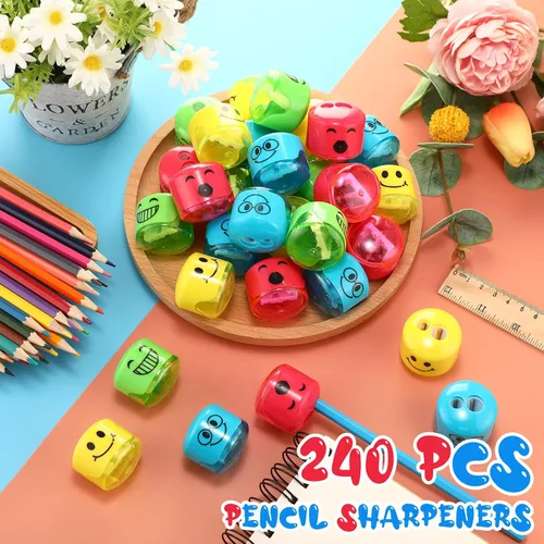 Vista 3 de Crtiin 240 sacapuntas de dibujos animados sonrisa pequeña sacapuntas manual manual de mano con doble agujero, regalos para Navidad, oficina, sala