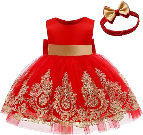 Vista 3 de Vestido de encaje bordado con lazo para bebé, para cumpleaños, boda, fiesta formal, tutú con gorro