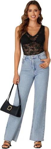 Vista 6 de Rooscier - Blusa sin mangas para mujer, con encaje floral, cuello en V, con volantes, transparente, sin sujetador