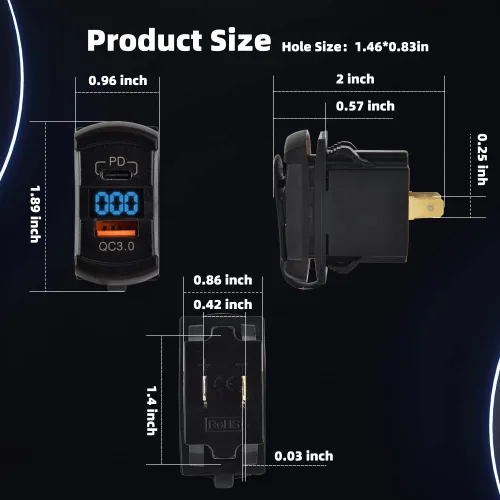 Vista 2 de CNAODUN Interruptor basculante USB con cargador USB C y cubierta impermeable, Dual PD y QC3.0, voltímetro LED azul de 12V/24V para panel