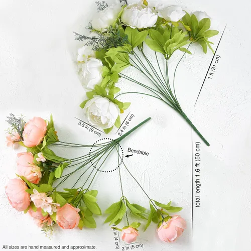 Vista 5 de Ramo de peonías artificiales – Juego de 2 tallos de flores de seda sintética – Ramos listos para el estilo para bodas, decoración del hogar, eventos