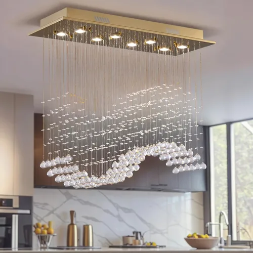 Vista 5 de Siljoy Candelabro de Cristal Rectangular Dorado para Comedor, 31.5'' Candelabro de Cristal Moderno con Gotas de Lluvia Onduladas, Lámpara Colgante