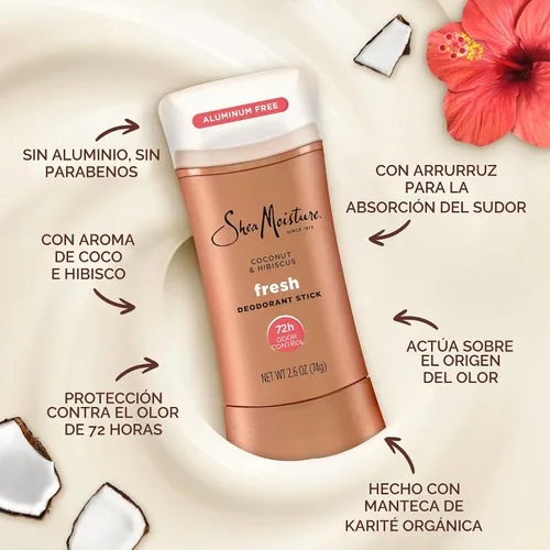 Vista 5 de SheaMoisture - Desodorante en barra 72h Control de olores coco e hibisco fresco sin aluminio, 2.6 onzas