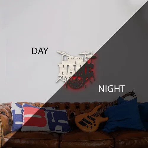 Vista 4 de Letrero de luz nocturna LED único personalizado para colgar en la pared, personalizado con nombre para baterista, músico o profesor de música