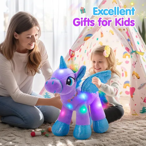 Vista 6 de Houwsbaby Peluche de unicornio con luz LED púrpura de 14 pulgadas, juguete de peluche de unicornio, juguete de peluche de caballo brillante, luz