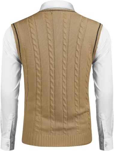 Vista 2 de COOFANDY Suéter para hombre, cuello en V, ajustado, casual, sin mangas, tejido trenzado