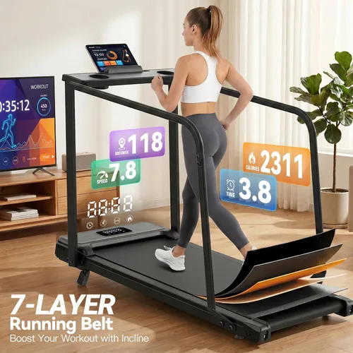 Vista 6 de ANCHEER Caminadora portátil con inclinación, almohadilla para caminar de 3.5 HP con escritorio y barra de asa, caminadora plegable para oficina