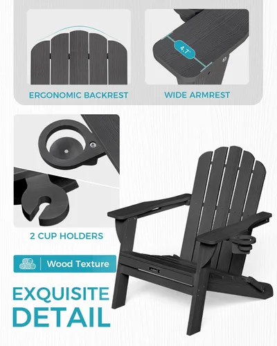 Vista 5 de Silla Adirondack plegable, silla Adirondack de HDPE con 2 soportes para tazas, sillas para fogatas al aire libre de fácil montaje para patio